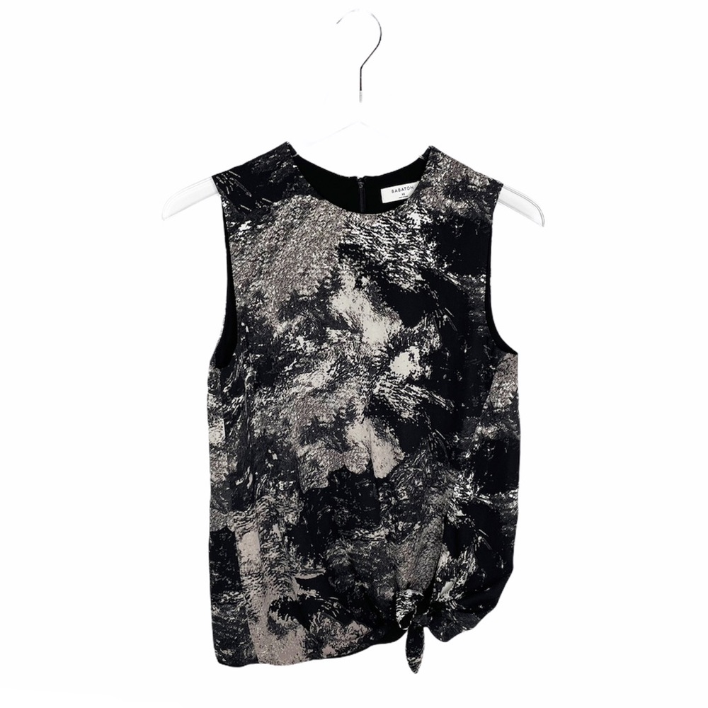 Aritzia Babaton Hopkins Black and Cream Abstract Tie-Hem Sleeveless Blouse XS